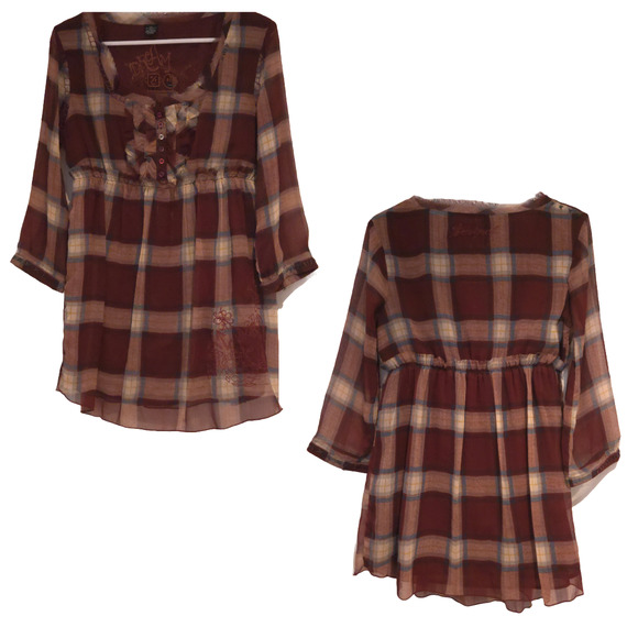 Desigual Empire-Waist Burgundy Plaid Embroidered Fringe Peasant Top Tunic -Sz L - Picture 2 of 15